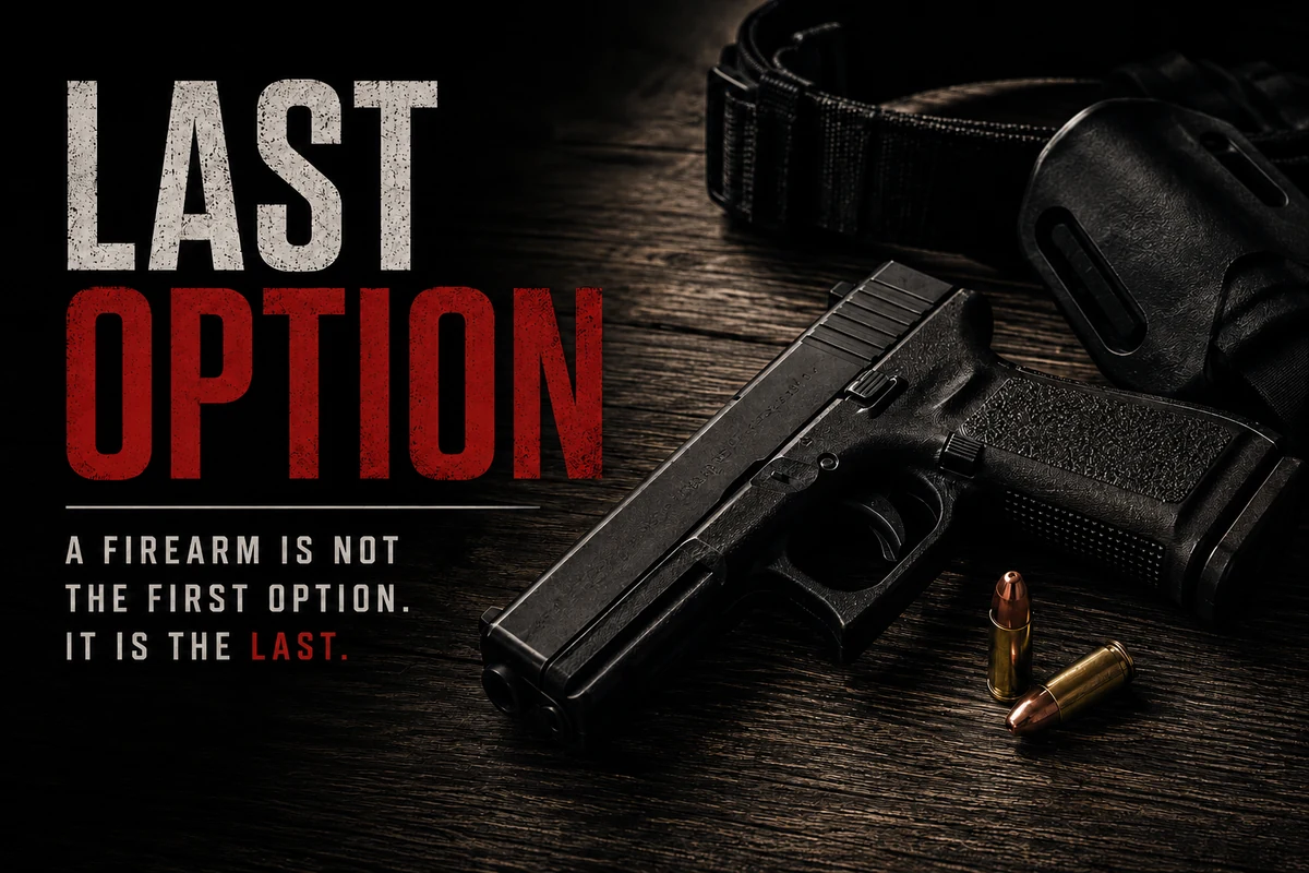 Handgun and holster beside the words Last Option
