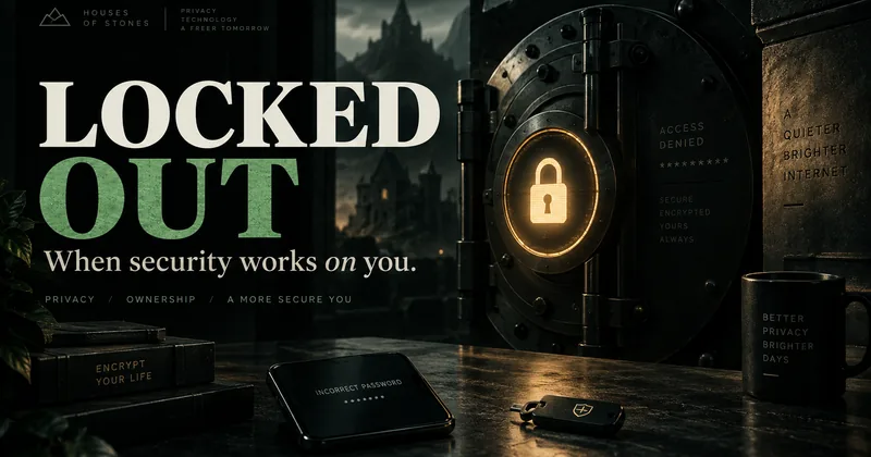 A dark digital vault showing a glowing lock beside the words Locked Out