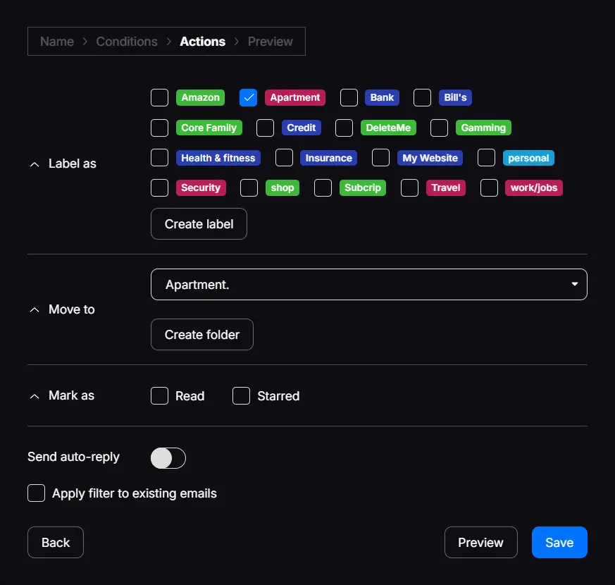 Proton Mail filter actions screen applying the Apartment label and moving matching messages to the Apartment folder
