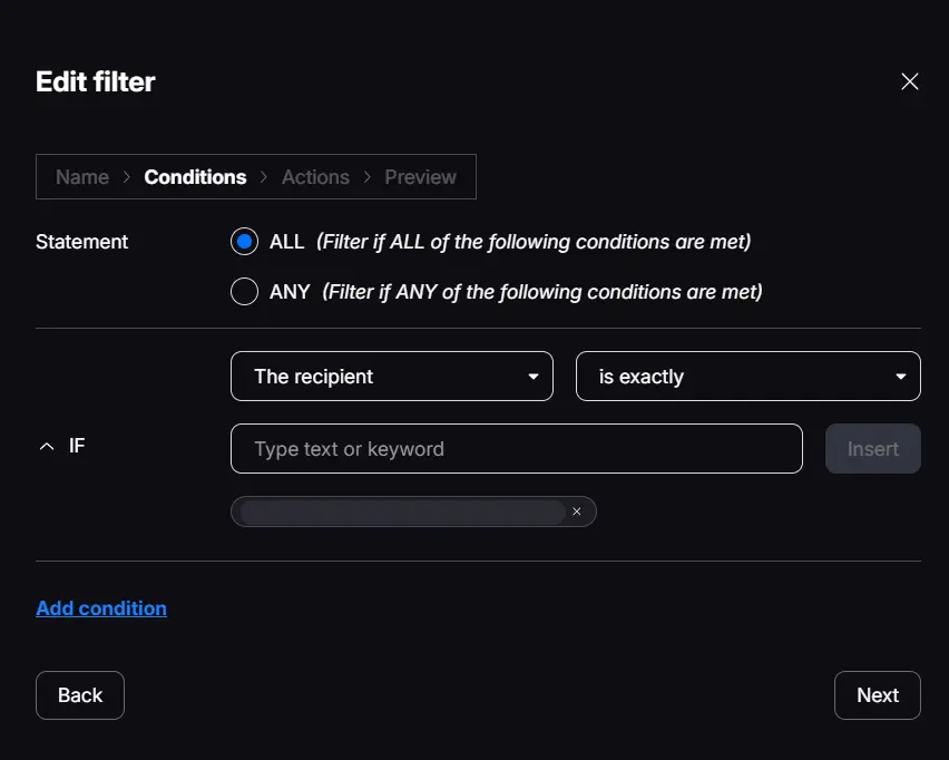 Proton Mail filter conditions screen showing an exact recipient rule with the private email address redacted
