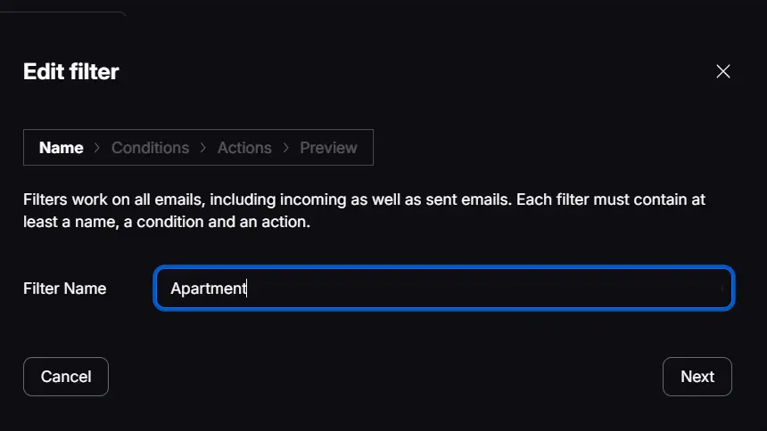 Proton Mail Edit filter screen with the filter name Apartment entered