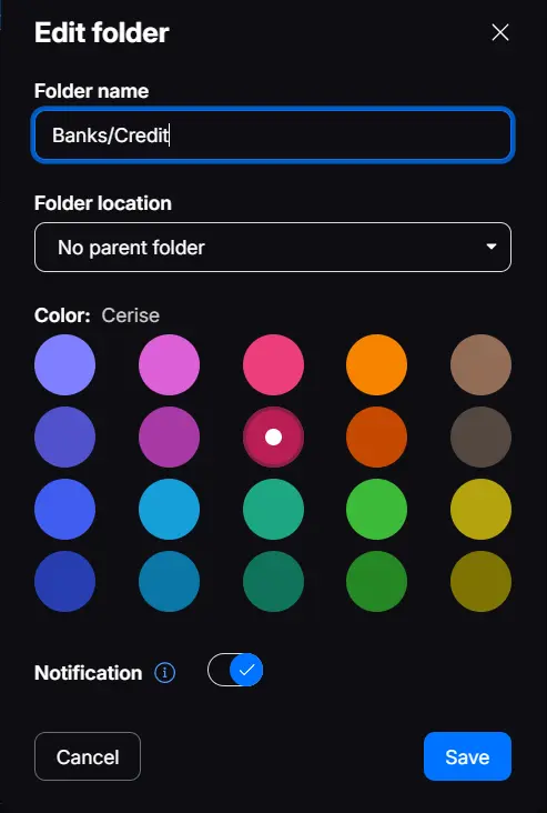 Proton Mail Edit folder screen for Banks and Credit showing no parent folder, a Cerise color, notifications enabled, and the Save button