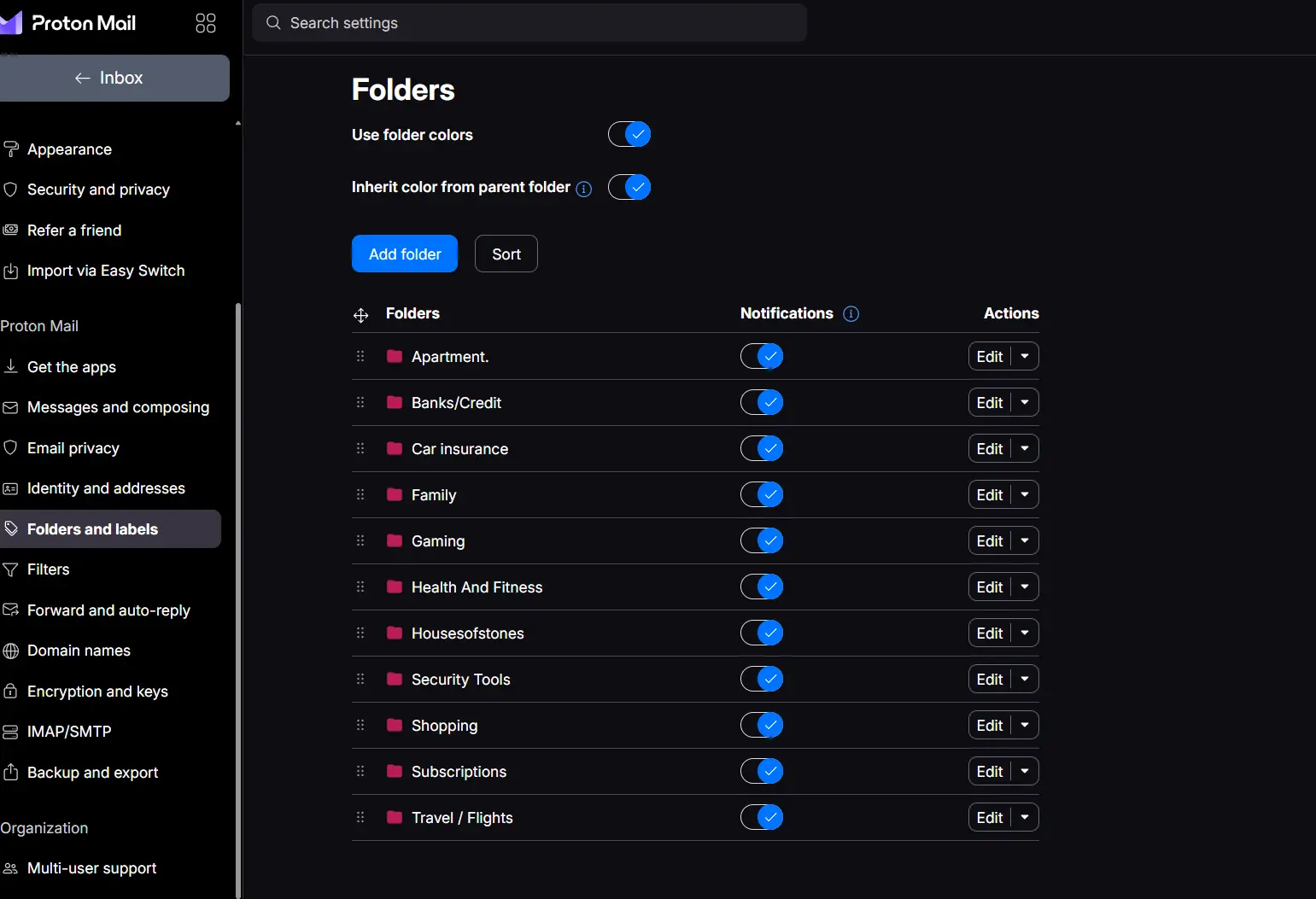 Proton Mail Folders and labels settings showing the Add folder button and an organized list of destination folders with notifications enabled