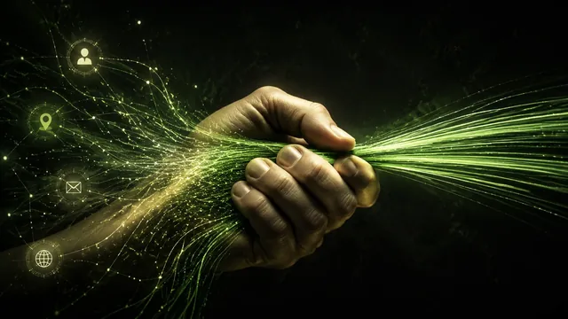 A hand taking control of glowing personal data streams